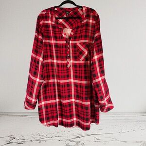Intro Mixed Media Plaid Tunic Top Women’s Sz 3XL Henley Button Front Popover